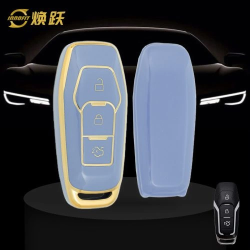 FOU3T1-Light Blue-Gold Plating- Car Key Cover For Ford