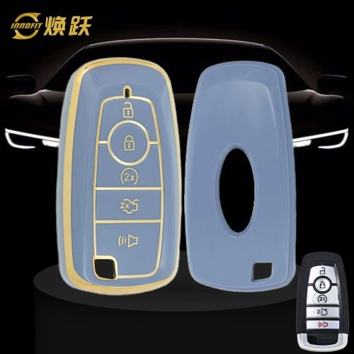 FOB4T1-Light Blue-Gold Plating- Car Key Cover For Ford